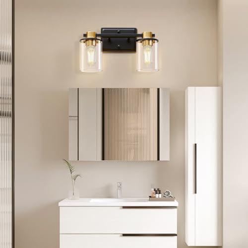 Image of Bathroom Light Fixtures Over Mirror, Gold&Black Vanity Light, Modern Vanity Lights with Clear Glass Shade, Bathroom Light Fixtures with Anti-Rust Metal Frame for Bedroom Washroom Living Room E26 Base