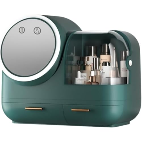 AOCIR LEDライト付き 化粧品収納ボックス 回転ミラー付き 3色調光風付き メイクボックス 大容量 高さ対応 透明カバー付き コンパクト収納 (A(LED化粧鏡+ファン)) (B(LED化粧鏡+ファン),標準)