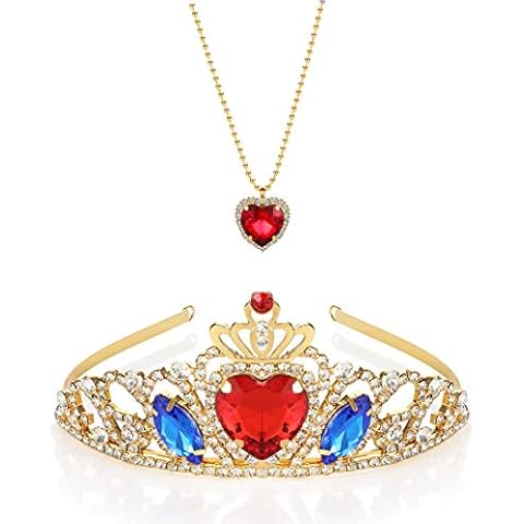 hengkaixuan Evie Gold Tiara and Red Heart Necklace Evie Descendants Crown Jewelry Set Theme Tiara Princess Christmas Birthday Costume Teen Gift for Girls Cover