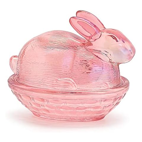 One Holiday Way 4.75-Inch Iridescent Pink Glass Bunny-Shape Decorative Candy Dish with Lid - Lidded Easter Candy Bowl Rabbit Party Tableware - Tabletop Office Desk Kitchen Decoration Spring Home Decor Cover