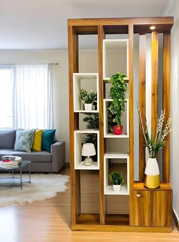 Image of Australian Handicrafts 72x36 Inch Sagwan Wood Partition Wooden Room Divider with White Display Shelves & Storage Cabinet Living Room & Dining Room Home Decor Separator Partition Rack (No Lights)