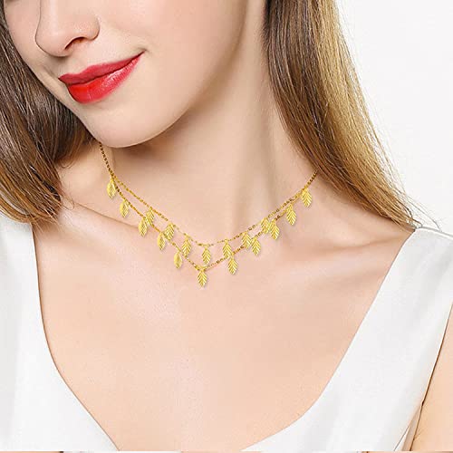 SISGEM 18k Gold Dangling Leaves Station Layered Necklace for Women, Fine 18 Karat Gold Jewelry Gifts for Her, 16-17 Inches2