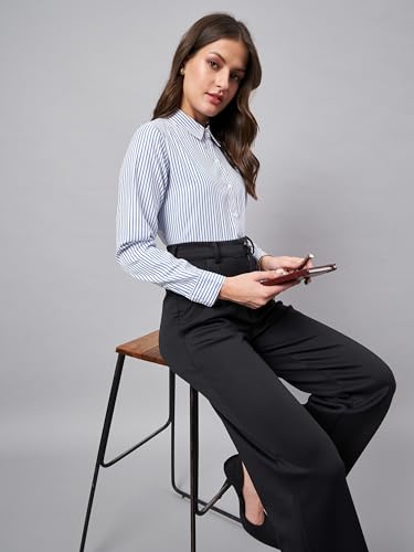 Image of Style Quotient Women Self Design Stripe Blue and White Polycotton Formal Shirt