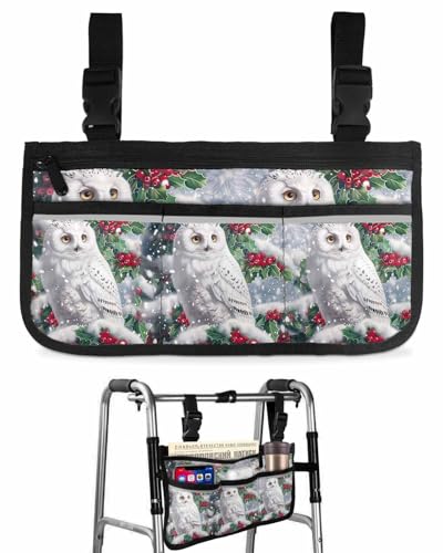 Anzona Christmas Owl Wheelchair Side Bag Walker Bag, Winter Xmas Pine Berries Snow Scenery Wheelchair Accessories Armrest Pouch, Organizer Storage Bag for Walkers, Rollators, Scooters, 7.3''x13''
