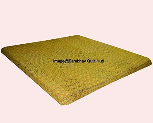 Yellow Path Quilting Hippie Kantha Ajarkh Hippie Handmade Queen Size Kantha Bedspread Ajrakh Reversible Hand Stitched Cotton Kantha Quilts Bohemian Floral Kantha Twin/Queen (60X90 inch)