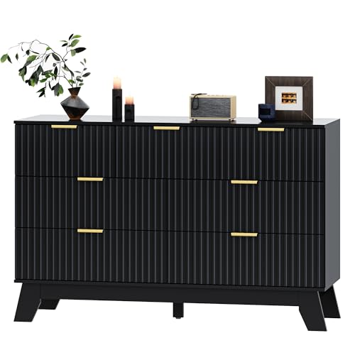 Image of HUANLEGO 48 inch W Fluted Dresser for Bedroom with 7 Drawers, Black | Mid Century Modern Dressers & Chest of Drawers, Boho Dresser for Closet, 7 Drawer Storage TV Stand for Bedroom