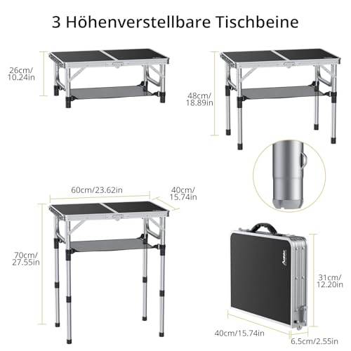 Anbte Campingtisch Klapptisch 60x40cm Aluminium Rahmen mit 3 Höhen Verstellbar 26/48/70cm Picknicktisch mit Aufbewahrungsnetz Tragbar Multifunktionstisch für Camping Strand Balkon (Schwarz)