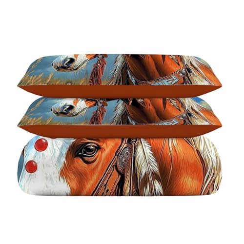 Housse de Couette Boho Cheval Brun 240x260 Parure Lit avec Taie - 5