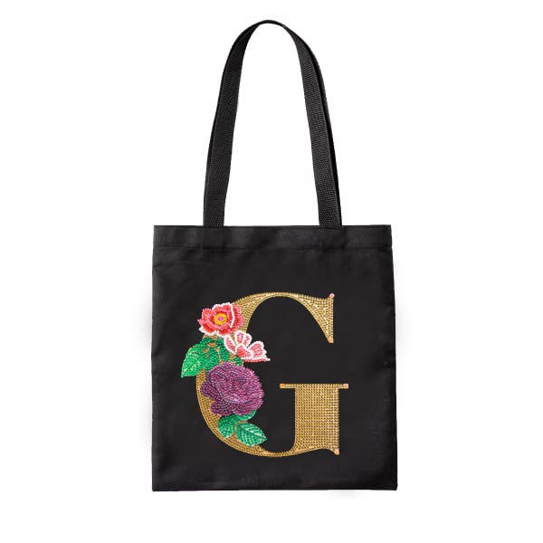 LUSandy 5D DIY A-Z Letter Diamond Painting Tote Bag for Women Foldable Reusable Black Shopping Bag with Handles - G