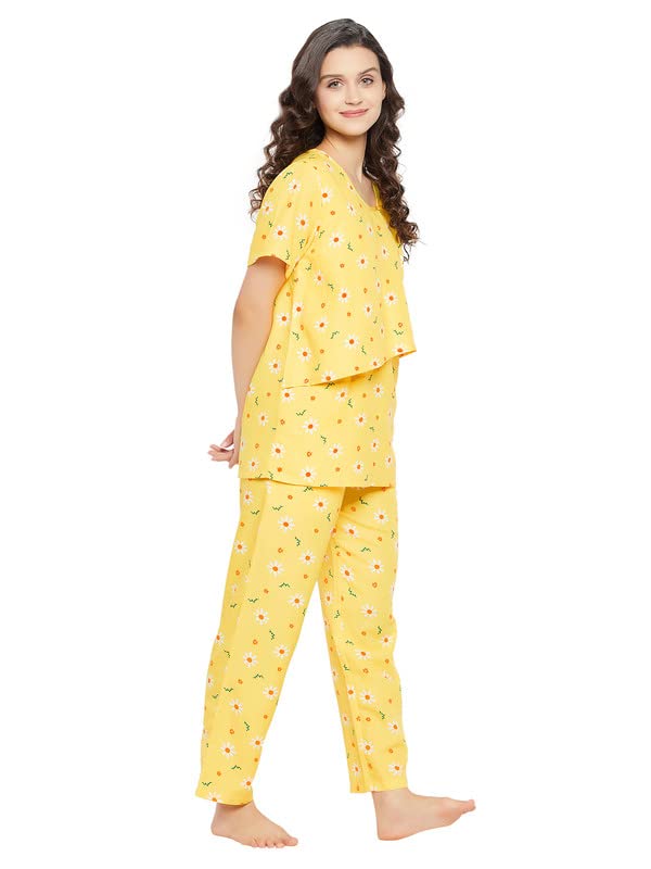 Image of Clovia Women's Rayon Rayon Feeding Print Me Pretty Layered Top & Pyjama In Yellow
