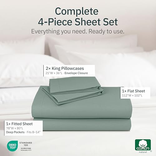 Image of Super Soft 100% Cotton King Size Deep Pocket Sheets, 4 Pc Set, Sage Green | Lightweight & Breathable For Hot Sleepers, 14 inch Deep Pocket, All-Around Elastic, Durable, Easy Care, OekoTex Certified