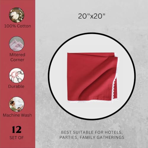 Image of FINGERCRAFT Lace Trim Cloth Napkins Set of 12, 20x20 Inch 100% Cotton Dinner Napkins, Reusable Washable Table Napkins for Wedding, Farmhouse Dining, Parties & Home Decor (Tango Red)