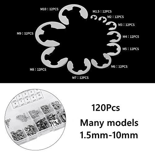 120Pcs 10 Size 304 Stainless Steel E-Clip Retaining Snap Opening Ring Circlip Kit 1.5/2 /3/4/5/6/7/8/9/10Mm With Plastic Box #TOP5