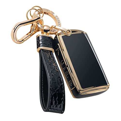 Muzizyq Mazda Key Fob Cover with Leather Keychain Soft TPU Protection Compatible with 2019-2022 Mazda 3 3 Hatchback 2020-2022 CX-5 Black