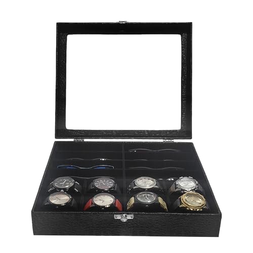 Estojo Caixa para 8 Relógios e 8 Óculos Preto com Interno Preto Maleta Organizadora