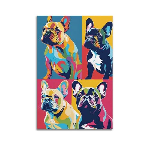 Stampa artistica da parete colorata con bulldog francesi, poster a tema animali domestici, stampa pop art, decorazione artistica da parete su tela, decorazione artistica da parete moderna da appendere