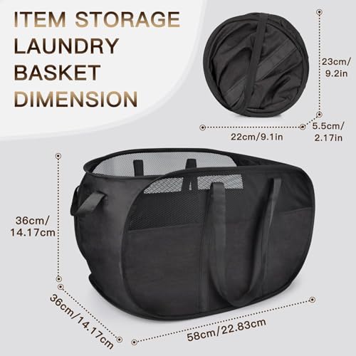 HONZUEN Składany Kosz na Pranie 70L – Duży Pop-Up Pojemnik z Siatki, Lekki i Przenośny Worek na Pranie z Uchwytami, Oddychający Laundry Basket do Łazienki, Sypialni, Akademika i Podróży – Czarny