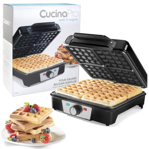 CucinaPro Four Square Belgian Waffle Maker, Extra Large Stainless Steel Kitchen Appliance w Nonstick Waffler Iron Plates- Make 4 Fluffy Waffles, Griddle for Family Morning Breakfast with Recipe Guide