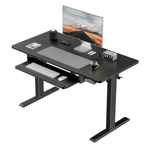 HUANUO Standing Desk Adjustable Height, 48' x 24' Electric Stand Up Desk for Home Office with Large Keyboard Tray(26.7'), 4 Memory Height Setting, Computer Workstation, Black
