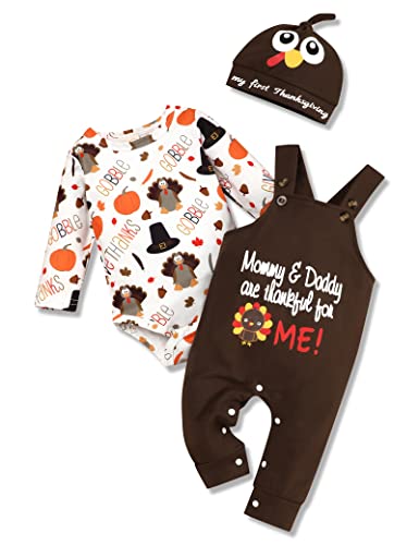 Image of My First Thanksgiving Outfit Newborn Baby Boy Cute Turkey Pattern Bodysuit + Suspender Pants + Hat Thanksgiving Clothes Set