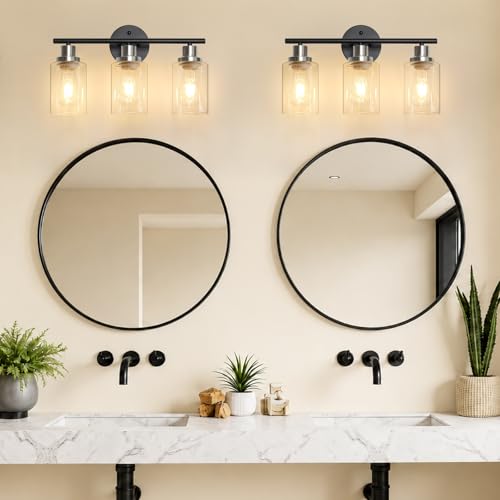 Image of Unicozin Modern Bathroom Light Fixtures, 3 Light Vanity Lights, Black and Brushed Nickel Wall Lamp with Clear Glass for Bathroom, Mirror, Living Room, Bedroom, Hallway, E26 Base