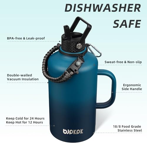 Image of BJPKPK 2 /3 Gallon Water Bottle Insulated with Straw Lid, 87oz Large, Stainless Steel Water Bottles with 3 Lids and Paracord Strap, Double Wall Vacuum Metal Water Jug,Vast