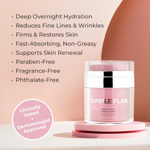Image of Simple Plan Hydrating Night Cream with Ceramides & Hyaluronic Acid, Anti-Aging Face Moisturizer for Dry & Sensitive Skin, Nourishing Overnight Face Cream for Women & Men, 50 ml