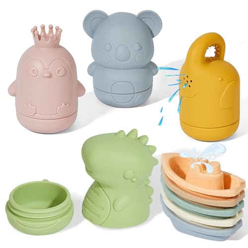 ATAUSD 9 Stück Badewannenspielzeug, Badespielzeug Silikon Badewanne Spielzeug, Baby Badewannenspielzeug Spritztiere Boot Wasserspielzeug Geschenke für Babys Kleinkinder, Tiere