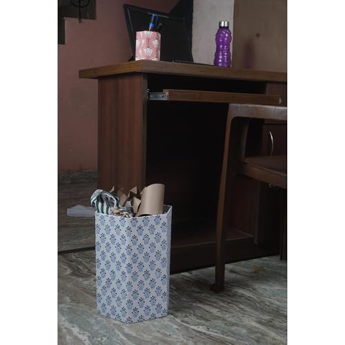 Image of Floral Hand Block Printed 3.3 Gallon Decorative Waste Basket - Eco-Friendly Cardboard Trash Can, Plastic-Free & Sustainable, Perfect for Christmas and Housewarming Gifts (1, Blue Balck DOT)