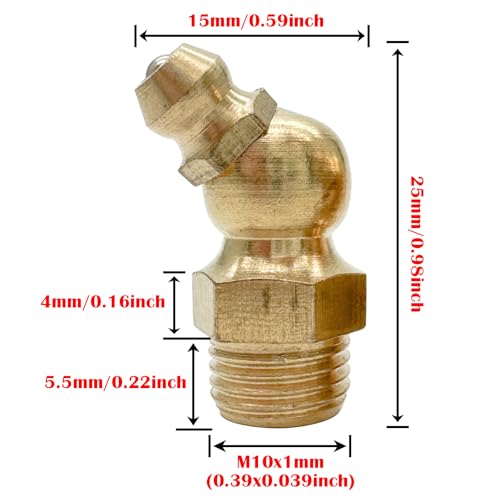 Image of 10Pcs Brass Hydraulic Grease Nipple Fitting,M10 x 1mm Metric Thread 45 Degree Angled Brass Hydraulic Grease Nipple Fitting,Hydraulic Grease Fitting Accessories