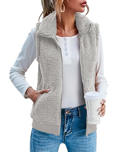 Image of IECCP Women's Warm Vest Tops Casual Fleece Gilet for Women UK Stand Collar Sleeveless Zip Vests with Pockets Light Grey,S