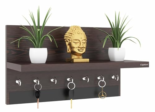 Captiver MDF Wood Wall Mounted Key Holder with Storage Stand (7 Hooks, Wenge)