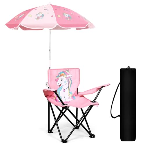Burbell Outdoor Toddler Camping Chair with Umbrella Foldable Beach Chairs for Kids Waterproof Lawn Kids Folding Chair for Outside Beach Travel (Unicorn)