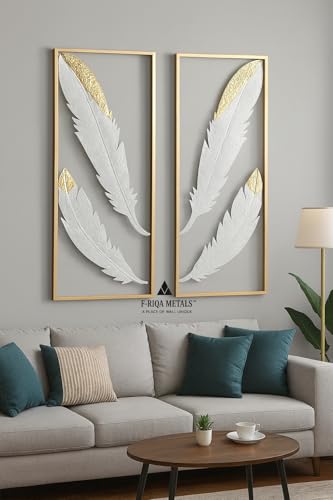 Image of F-RIQA METALS Feather Metal Wall Art Set of 2 | Premium Gold & White Modern Wall Decor | Handcrafted Iron Wall Hanging for Living Room, Bedroom & Office | 36 x 13 Inches Luxury Wall Hanging Decoration for Living Room, Bedroom, Hallway & Office (Baroque)