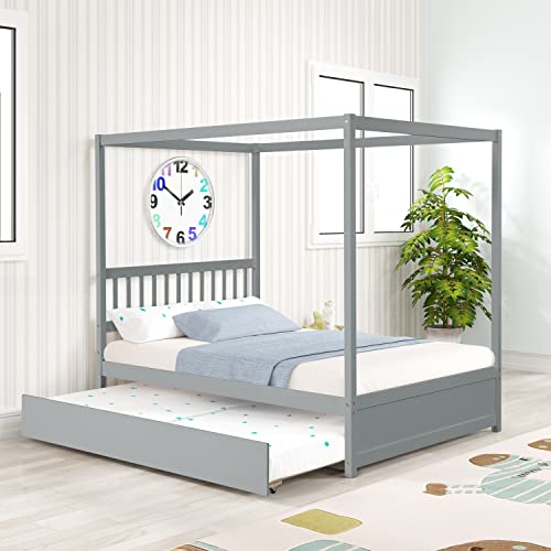 sofutoo Full Size Canopy Bed with Twin Trundle, Solid Wood Frame and Headboard, No Box Spring Needed, Grey