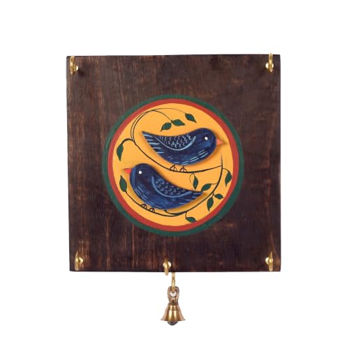 Image of AAKRITI ART CREATIONS Key Holder, Love Birds Key Holder with Key Hangers | Rustic Wooden Wall Organizer with 5 Hooks | New Home Gifts | Multifunctional Entryway Decor Item