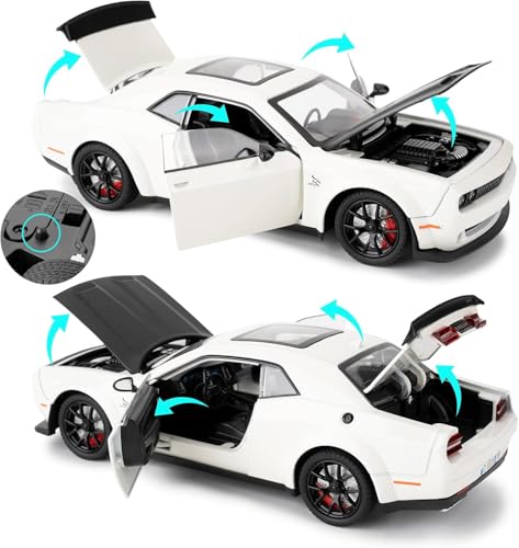 Image of 1 /24 Dodge Challenger Hellcat Model Car, Zinc Alloy Pull Back Toy car with Sound and Light for Kids Boy Girl Gift (White)