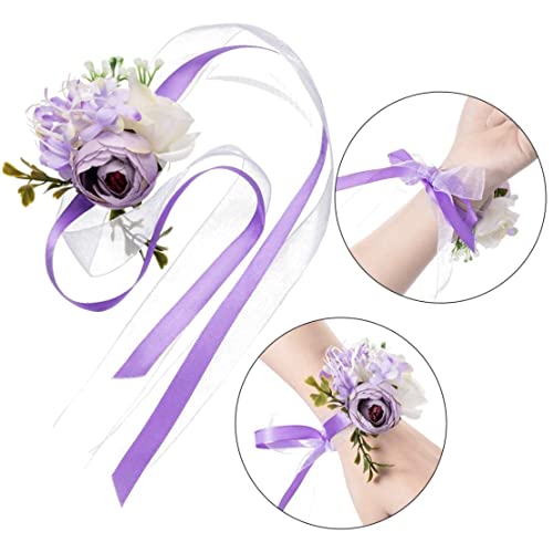 Holiday Decorations 8 Pieces Wrist Corsage and Boutonniere Set, Corsage Wristband Roses Wedding Accessories for Groom Brides Prom (Purple) - Thumbnail 7