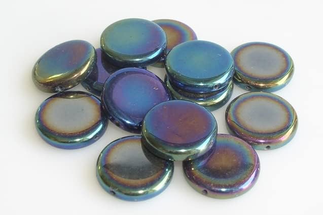 20pcs Pressed Flat Round Coin Beads 17 mm, Black Blue Iris (23980-21435), Bohemia Crystal Glass, Czechia 11149004