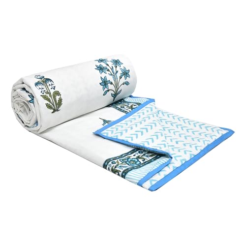 Image of BLOCKS OF INDIA 100% Cotton Dohar King Size Reversible Hand Block Printed Malmal Summer Dohar /Blanket (Blue Lily)