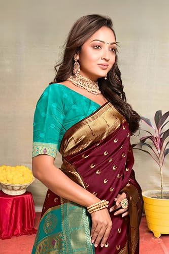 Image of C J Enterprise Women's Pure Kanjivaram Silk Saree Paithani Soft Wedding Sarees With Blouse Piece (Chand paithani)