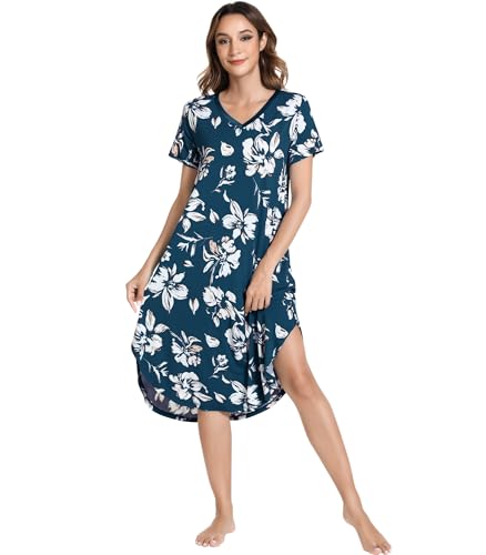 NACHILA Dam bambu nattlinne V-hals myskläder kortärmad nattkläder sidoslitsa mjuka nattkläder S-XX Large, A-bläck blå-vita blommor, XL