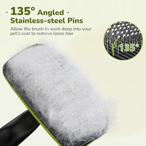 pecute Hundebürste Katzenbürste Haustierbürste Groß, Selbstreinigende Zupfbürste, Hundekamm Fellbürste, Massage Fellpflege Bürste für Katzen Hunde Langes Haar(Groß, Grün)