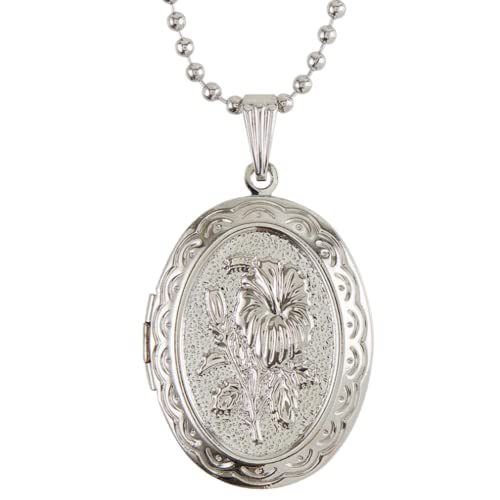 Divine Mercy Silver Tone Locket Necklace For Women, Engraved Floral Design Oval Pendant Photo Charm With Full Color Image Inside, Religious Catholic Jewelry Gifts, 22 Inches #TOP1