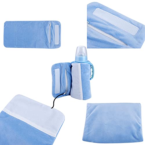 Baby Bottle Warmer - Crystal Velvet USB Portable Travel Mug Milk Heater Bottle Heater Feeding Bottle Infant Storage Bag, Sandwich Type Structure Heat Insulation Safe Design(Blue)