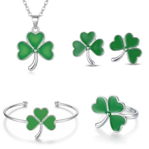 4 Pcs St. Patrick's Day Jewelry Set Green Shamrock Earrings Ring Bracelet Four Leaf Clover Necklace for Women Lucky Silver Plated Wedding Party Wife Gift