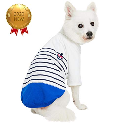 Blueberry Pet Soft & Comfy Summer Vacation Beach Cotton Dog T-Shirt In Blue Stripes, Sea Lover Shirt Tank Top Clothes, Back Length 18", For Large Dogs #TOP1