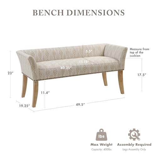 Image of Madison Park Accent Bench for Living Room, Upholstered with Nailhead Trim, & Padded Seat Entryway Bench Small, End of Bed Bench with Back, 49.5 inch W x 19.25 inch D x 23 inch H, Taupe Multi