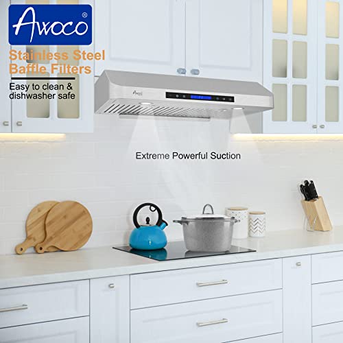 Awoco RH-C06-A30 Classic 6” High 1mm Thick Stainless Steel Under Cabinet 4 Speeds 900 CFM Range Hood with 2 LED Lights & 2 Levels of Lighting (30"W All-In-One)