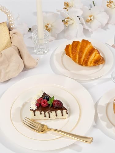 Image of WDF 200PCS Ivory Plastic Plates - Elegant Ivory Disposable Plates for Party- Include 100 Dinner Plate 10inch and 100 Plastic Dessert Plate 7inch Perfect for Party /Baby Shower /Wedding /Birthday